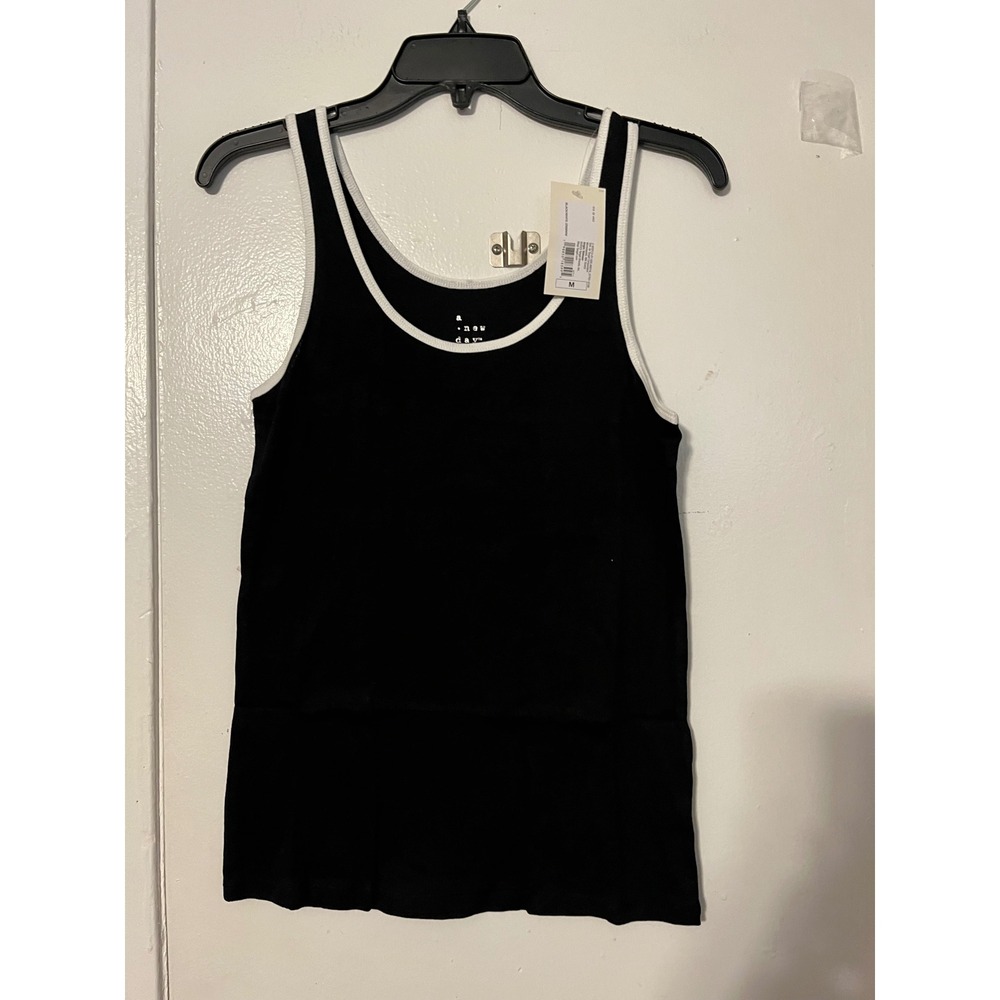 A New Day Womens Black White Ringer Ribbed Tank Top Scoop Neck Size M NEW